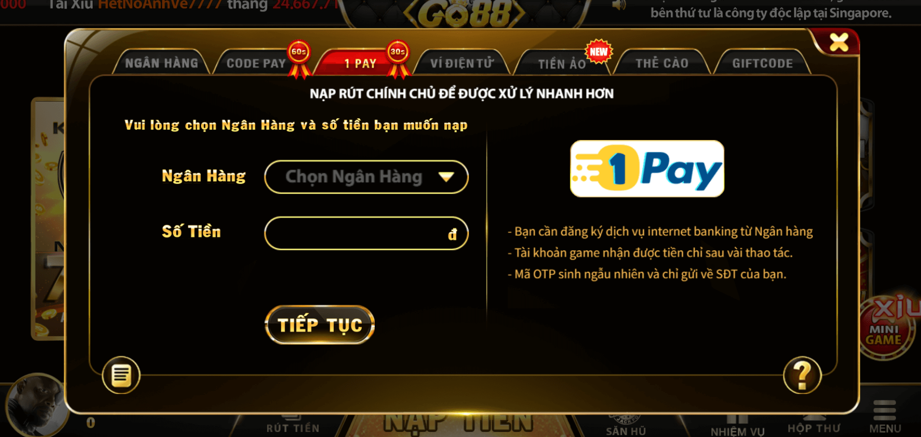 giao dịch nạp rút tiền go88